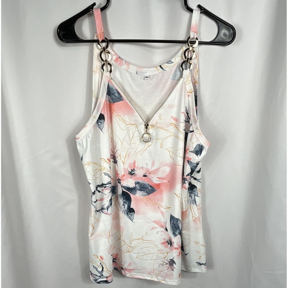 SAUKOLE Women's Floral Knit Tank Top Size XL Zip Front with Chain Accent Straps